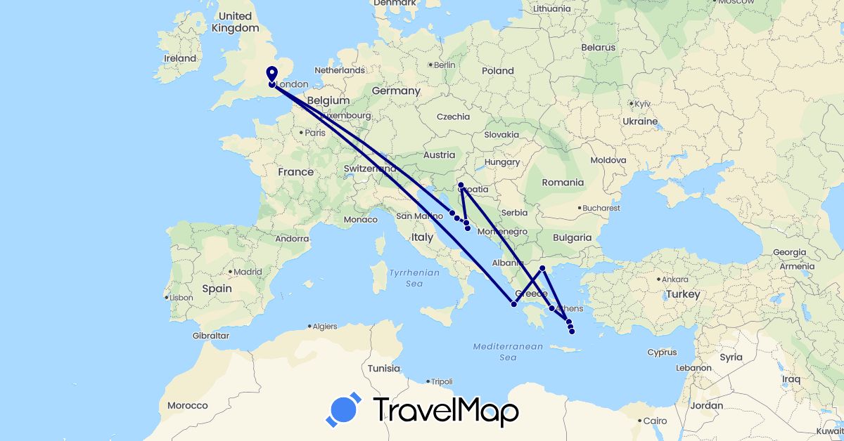 TravelMap itinerary: driving in United Kingdom, Greece, Croatia (Europe)